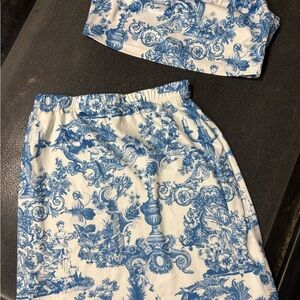 Blue and White Toile Print Skirt and Top Set